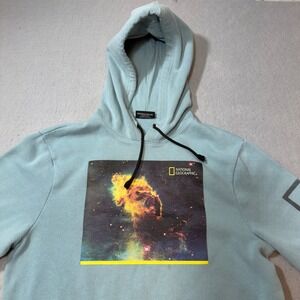 National Geographic Mens Hoodie Large Blue Space Nebula Graphic Sleeve Logo L